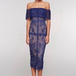Stylestalker Stella Midi Dress Women's Navy Lace Nude Underlay Off Shoulder XS